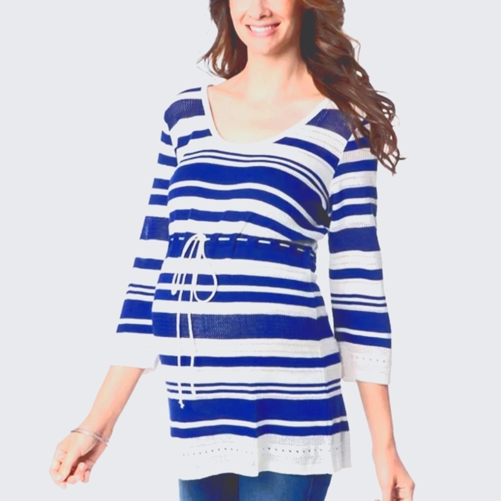 Motherhood Maternity Striped  Babydoll Pointelle Sweater with Drawstring Tie - Picture 9 of 17
